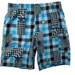 Talos Mens L Swim Trunks Blue Black Geometric Patchwork Mesh Lined Board Shorts